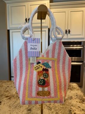 Handcrafted in India Pink & White Striped Beaded Hand Bag with umbrella cocktail